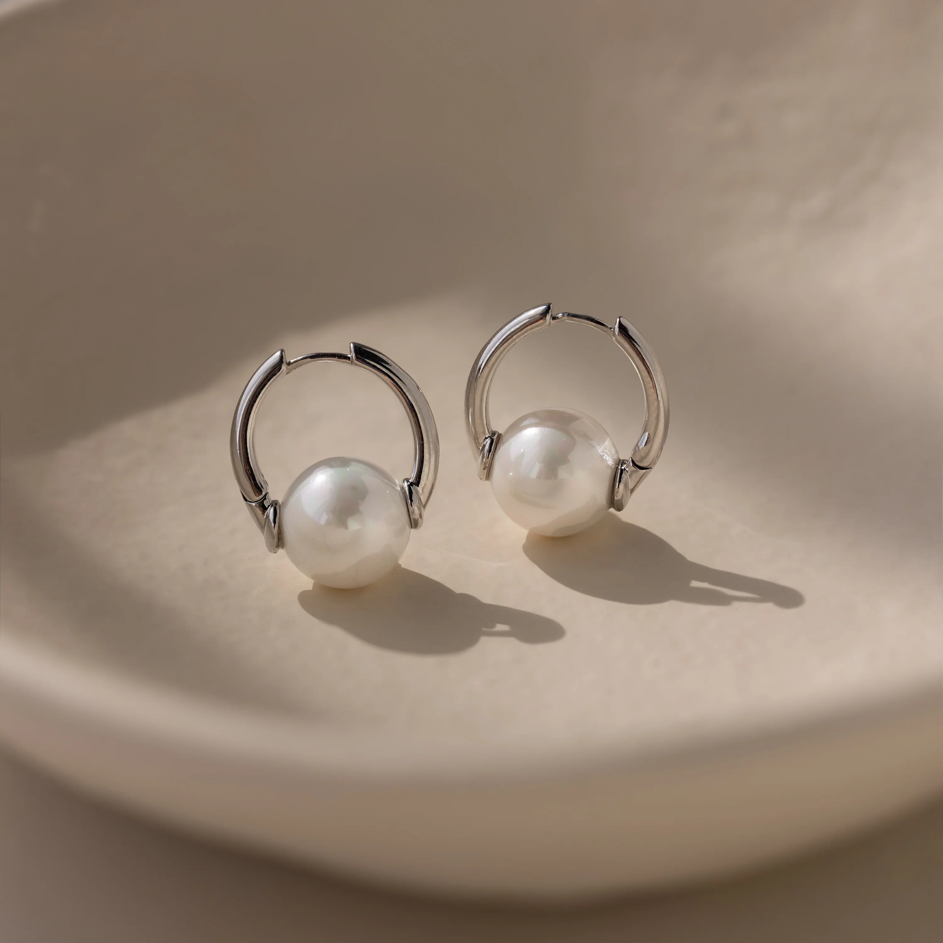 Bold Round Pearl Hoops in Silver