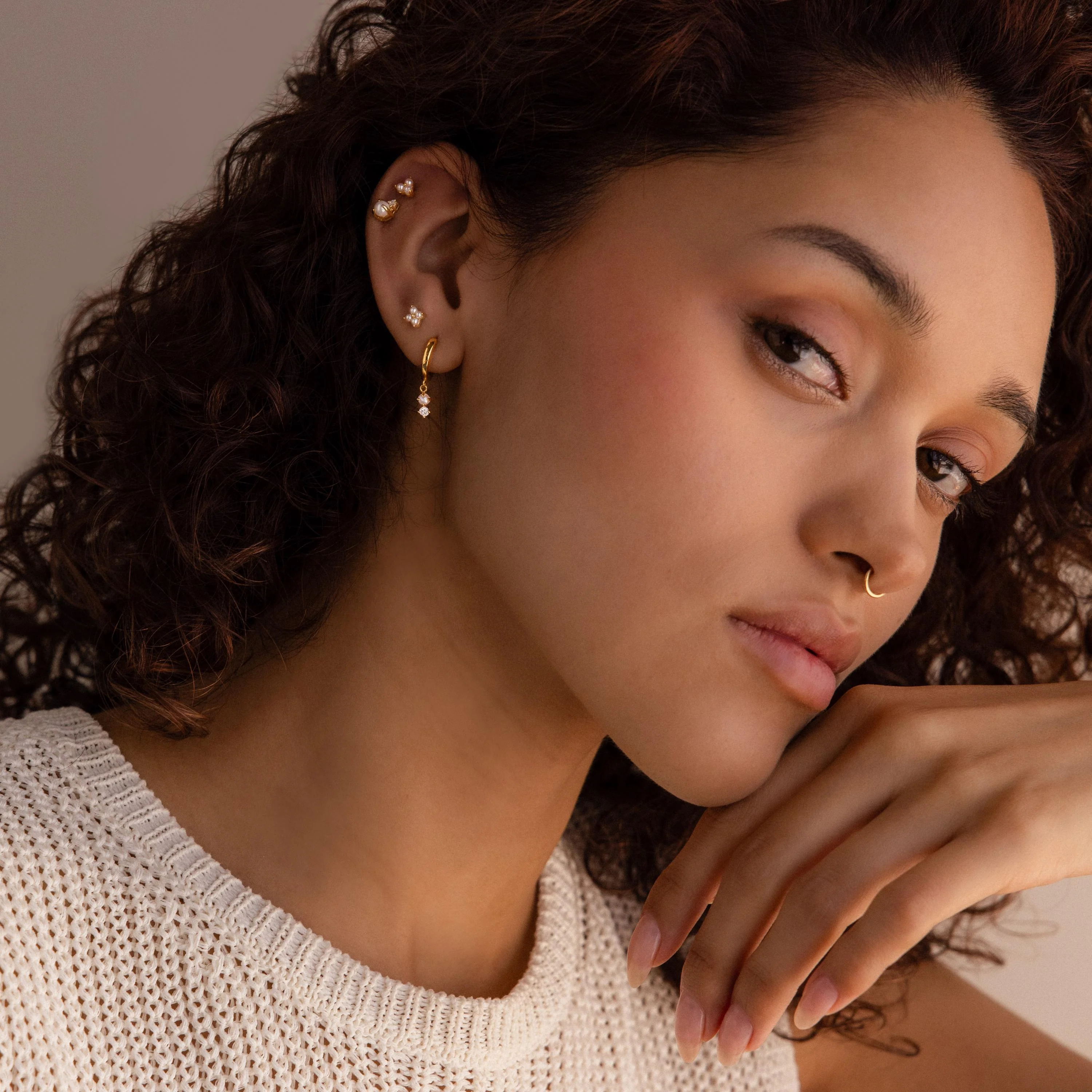 Dangling Pearl Diamond Huggies in 18K Gold - Image 8
