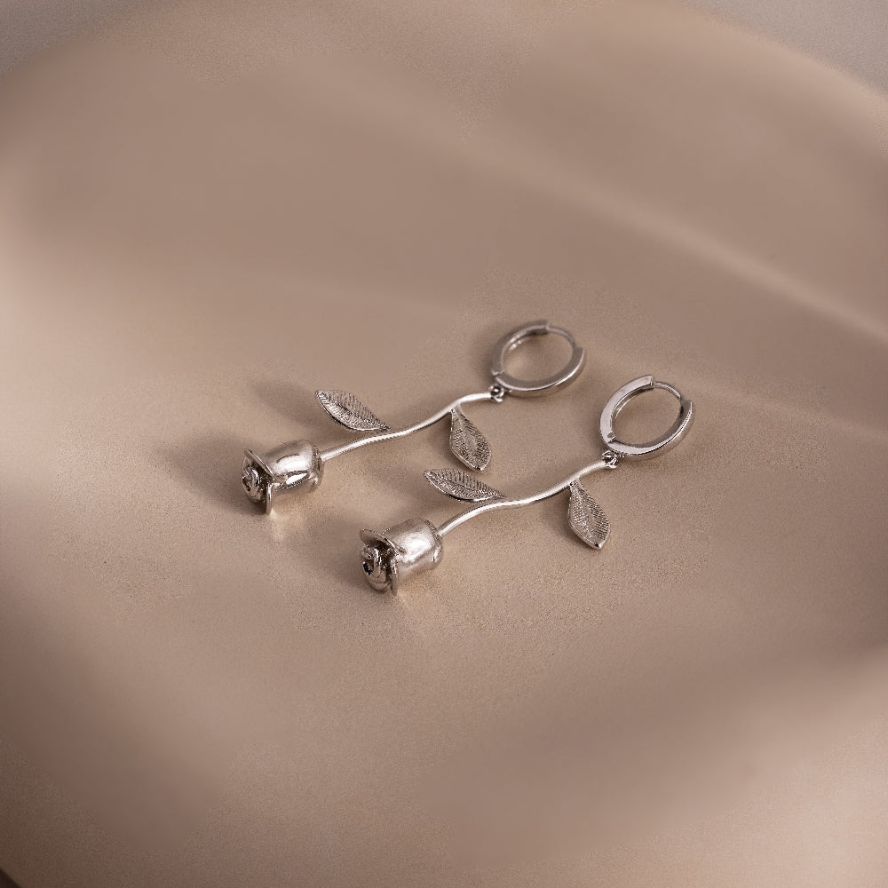 Dangling Rose Huggies in Silver - Image 4