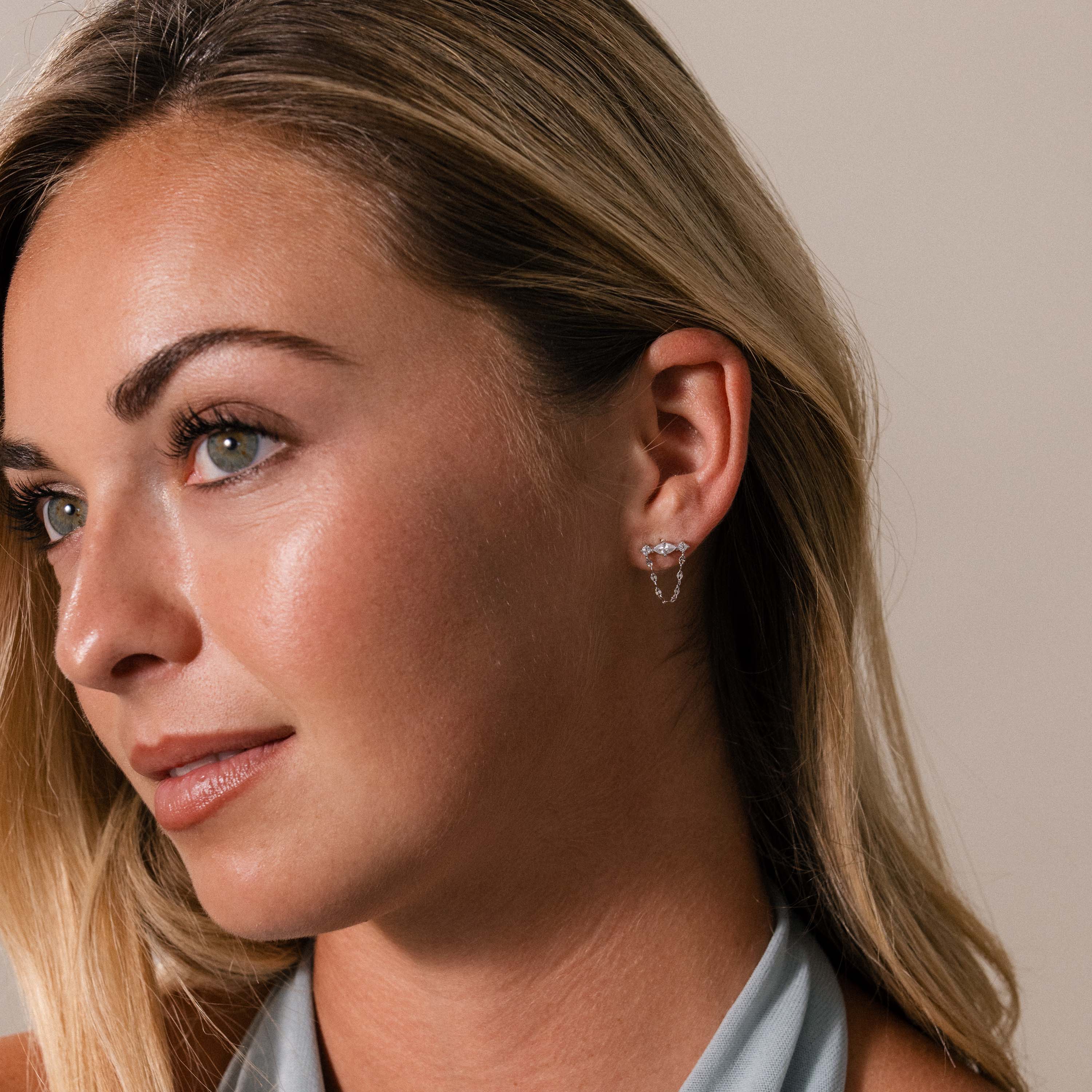 Diamond Marquise Chain Flat Back Studs in Silver - Image 4