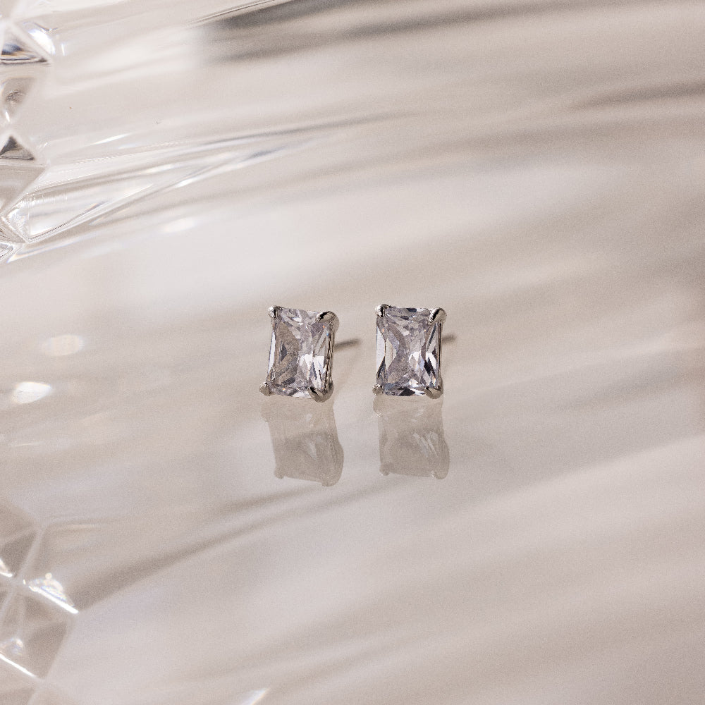 Emerald Diamond Studs in Silver