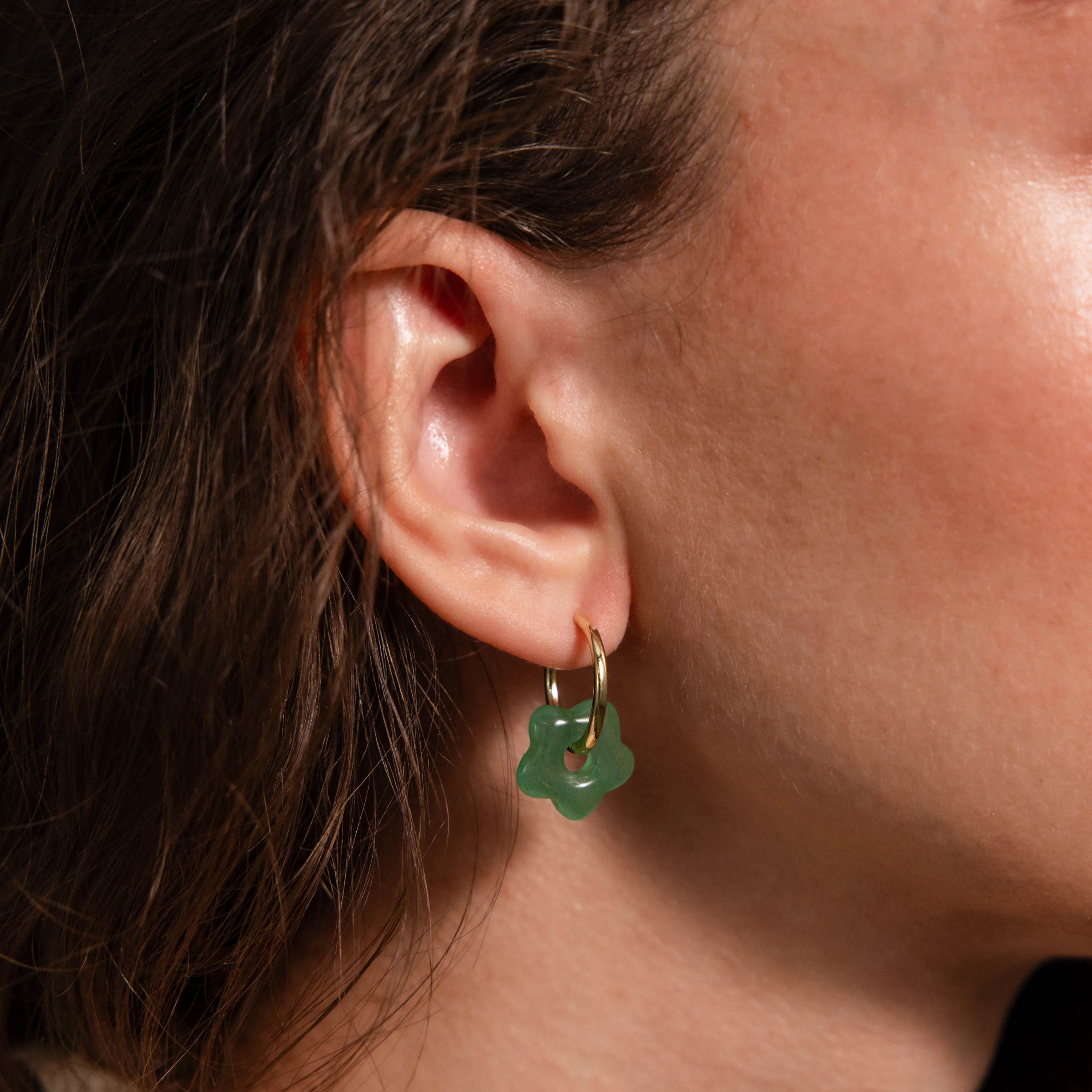 Jade Flower Hoops in 18K Gold - Image 2