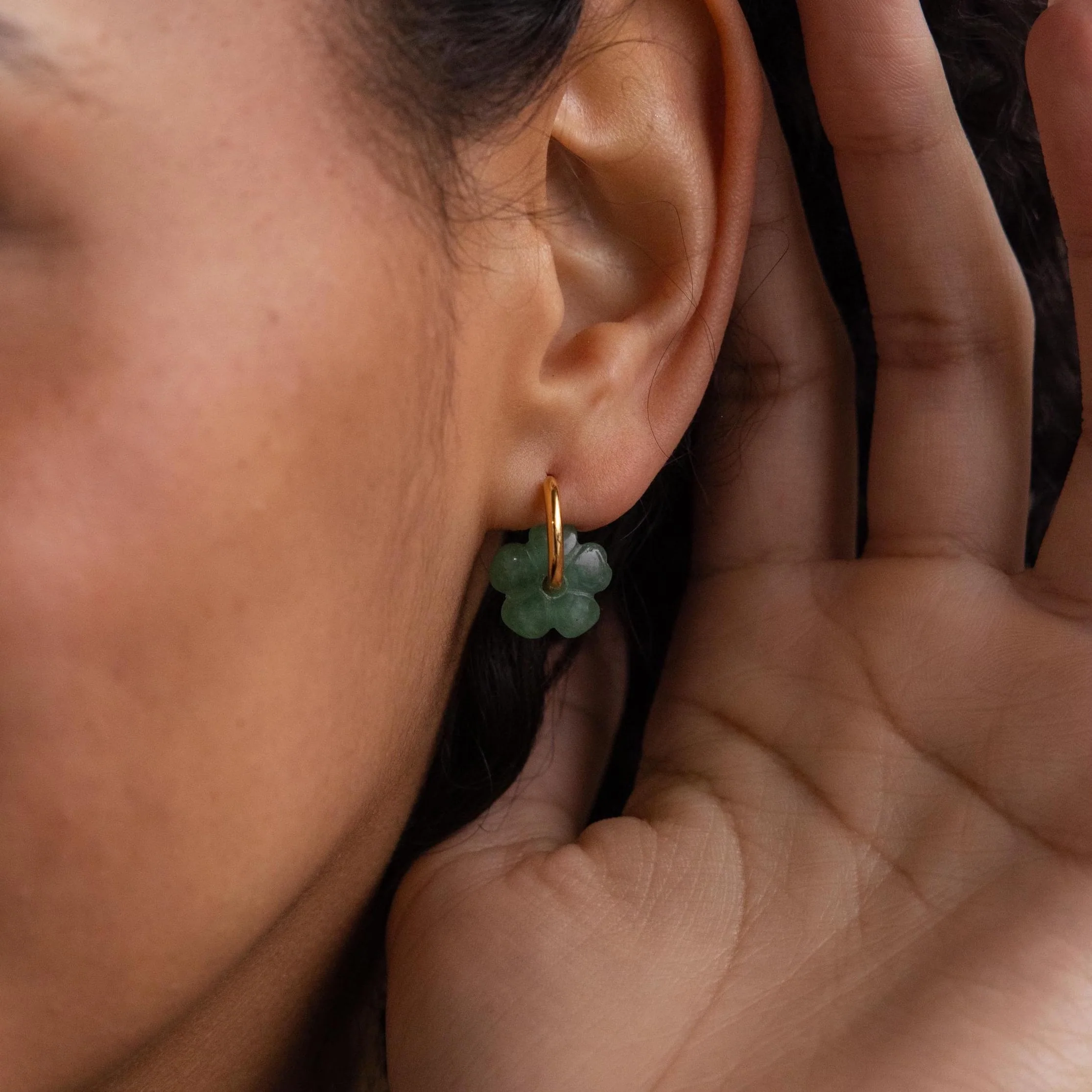 Jade Flower Huggies in 18K Gold - Image 2