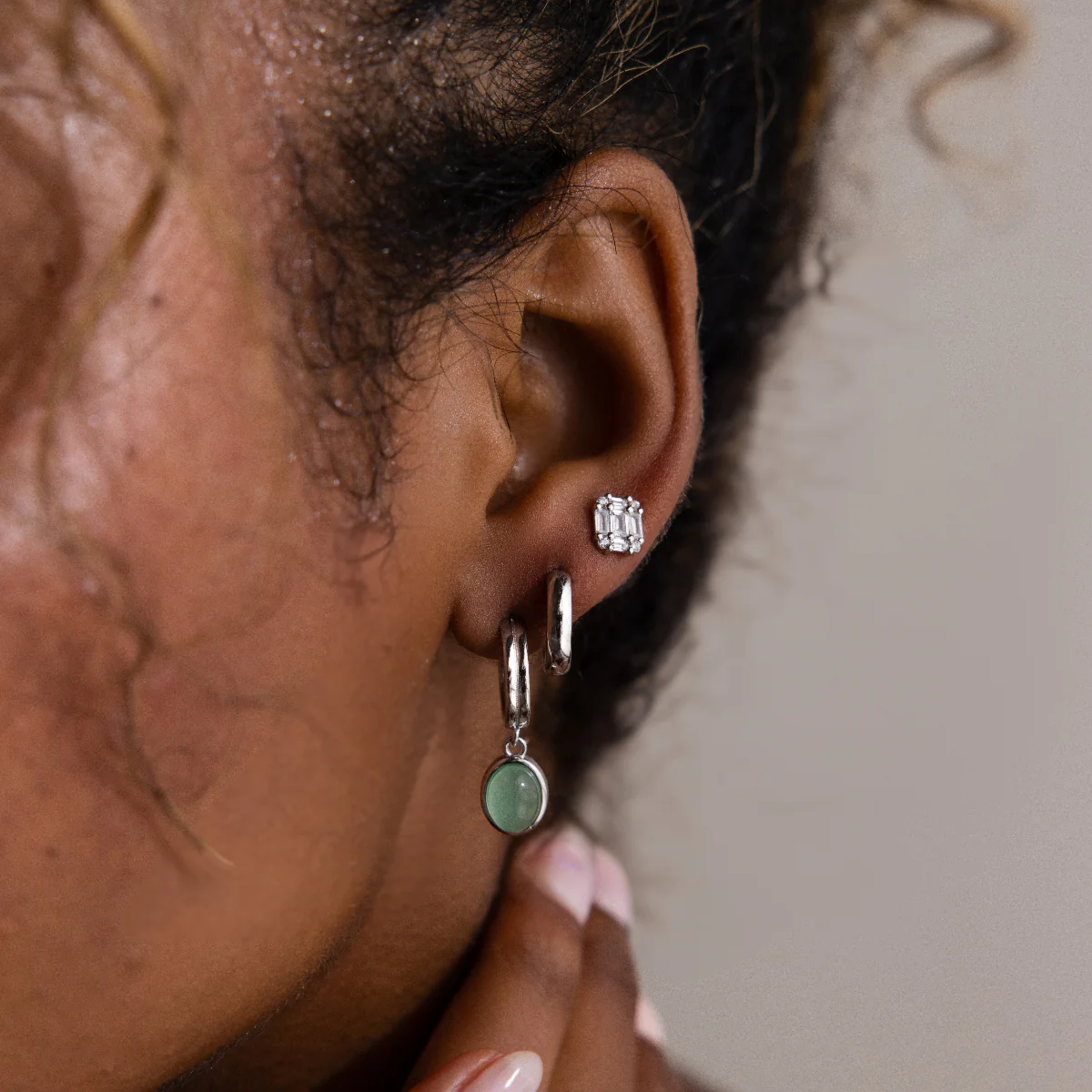 Jade Gemstone Drop Hoops in Silver - Image 4