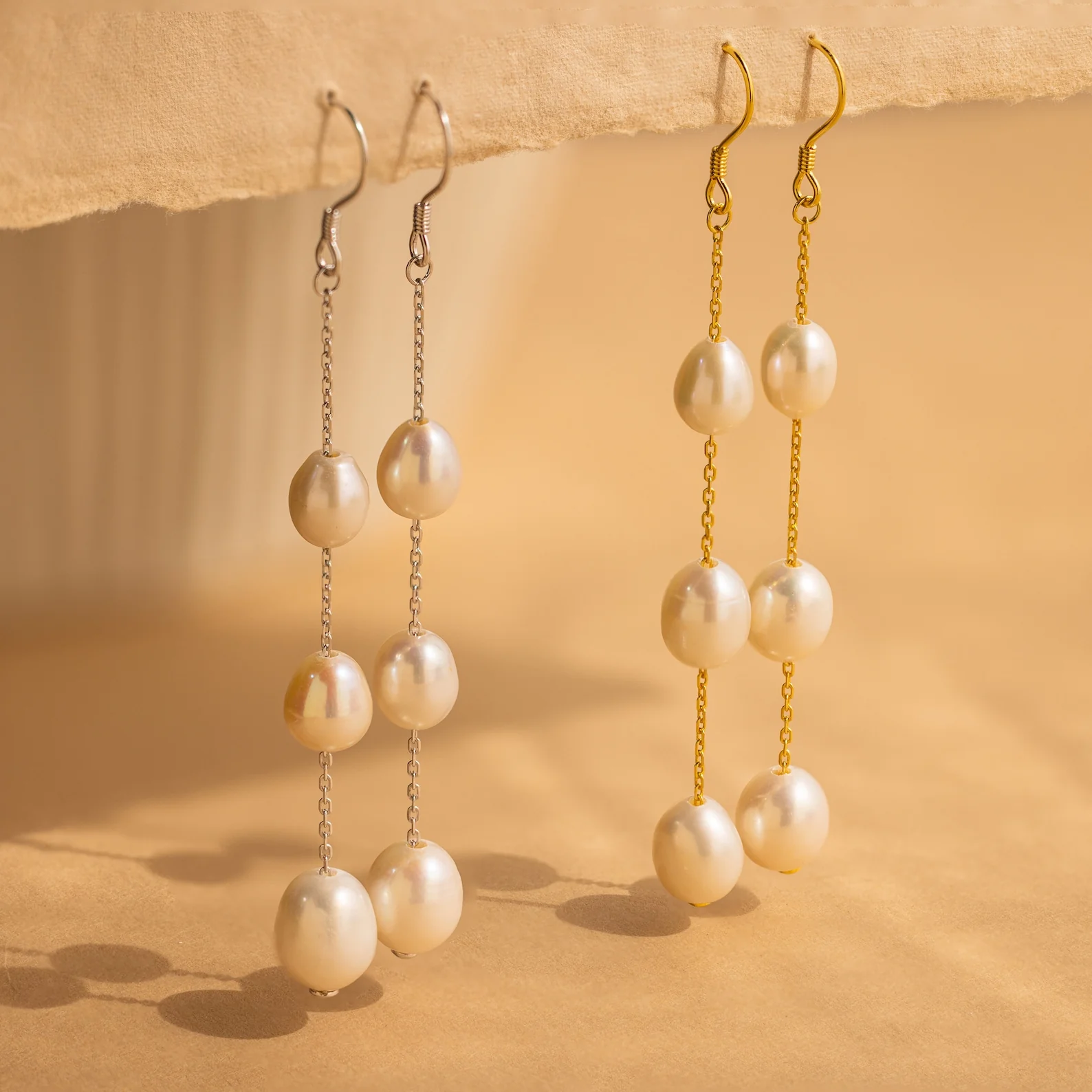 Long Pearl Dangle Earrings in 18K Gold - Image 4