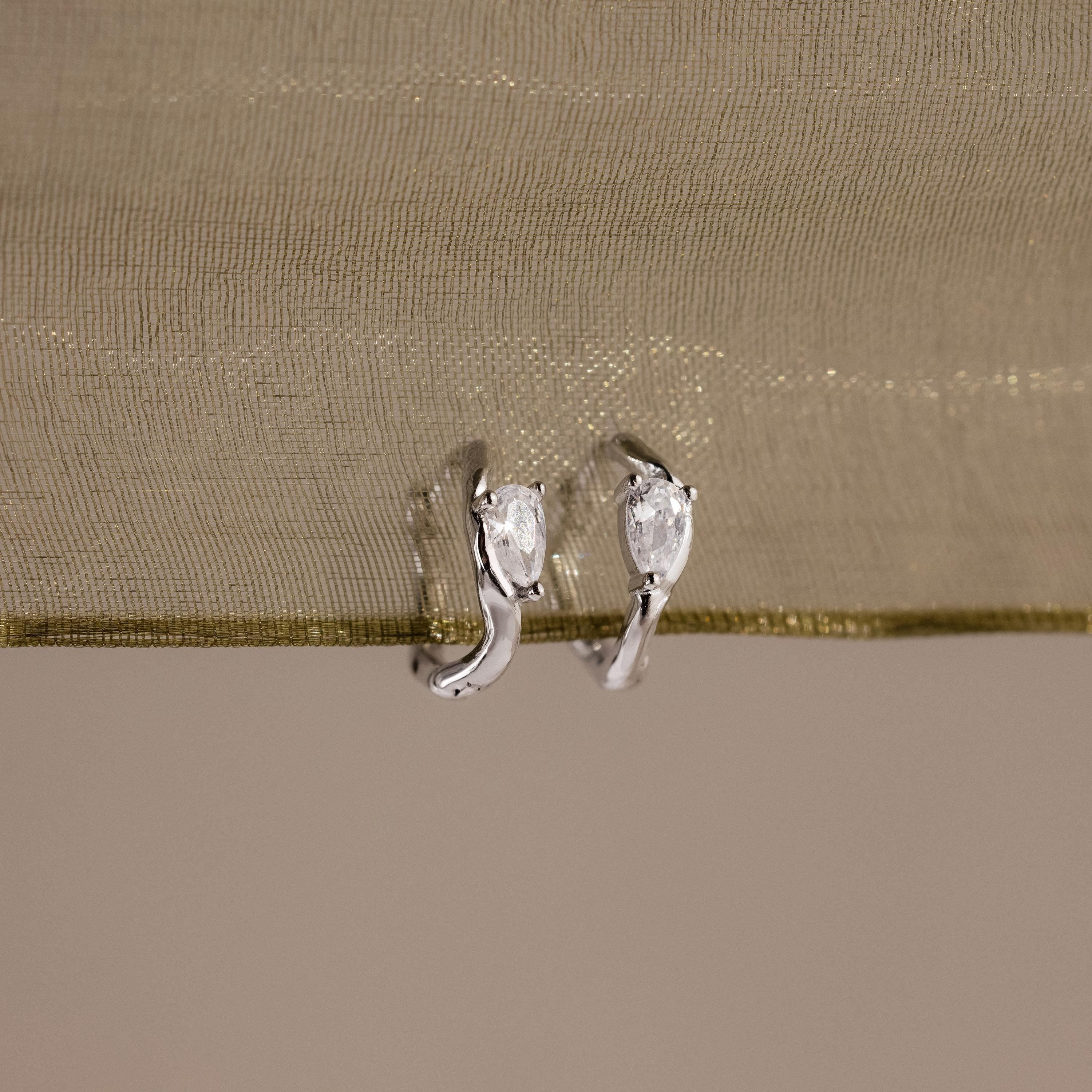 Organic Diamond Teardrop Hoops in Silver