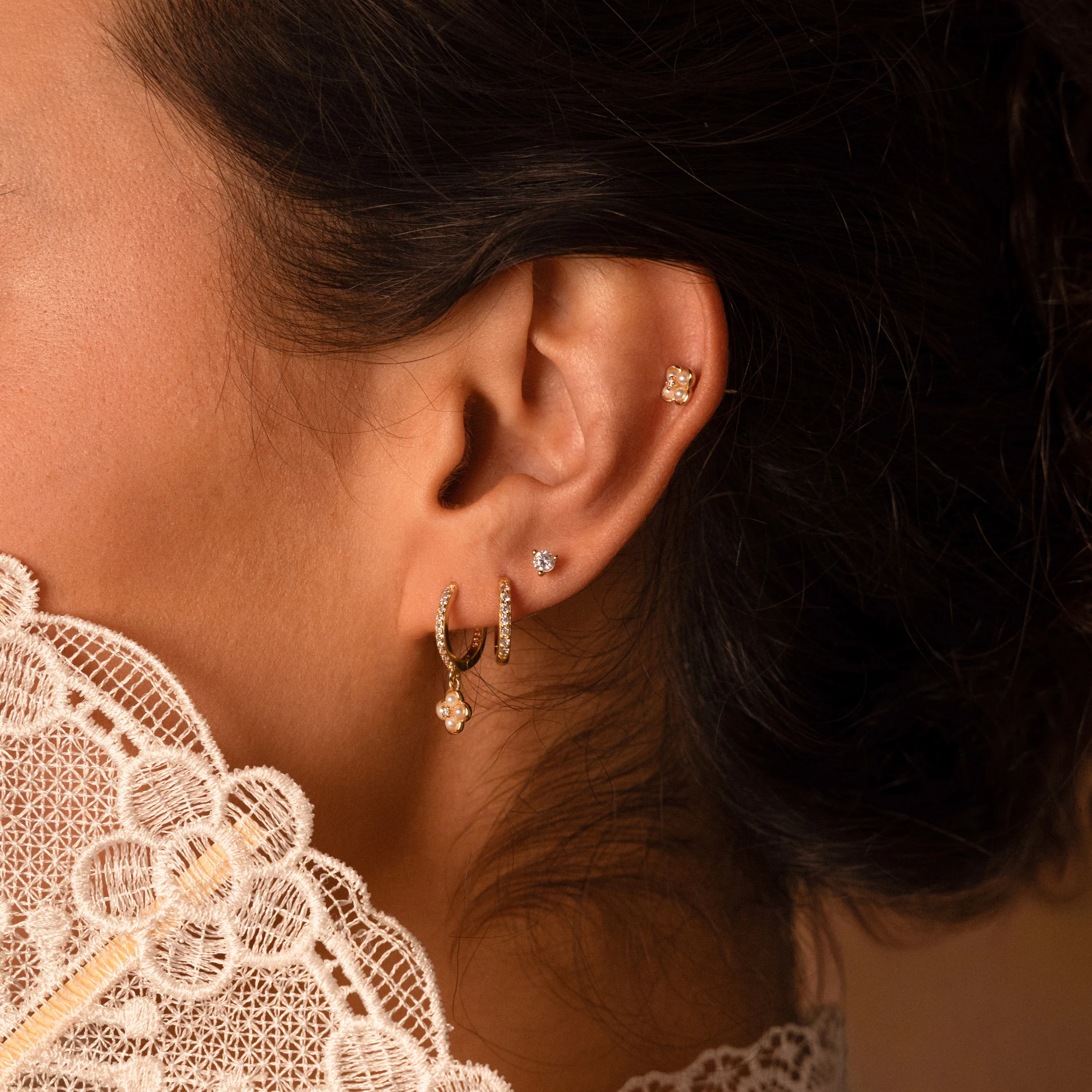 Pave Rounded Pearl Flower Hoops in 18K Gold - Image 6