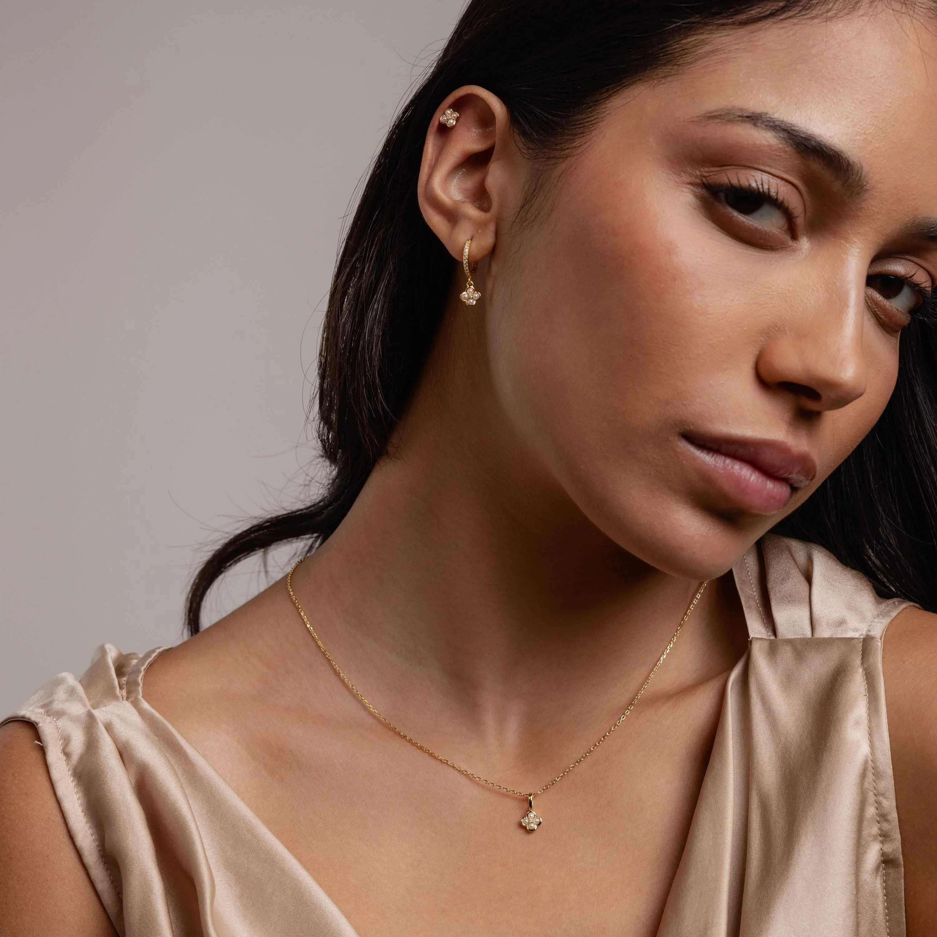 Pave Rounded Pearl Flower Hoops - Image 9