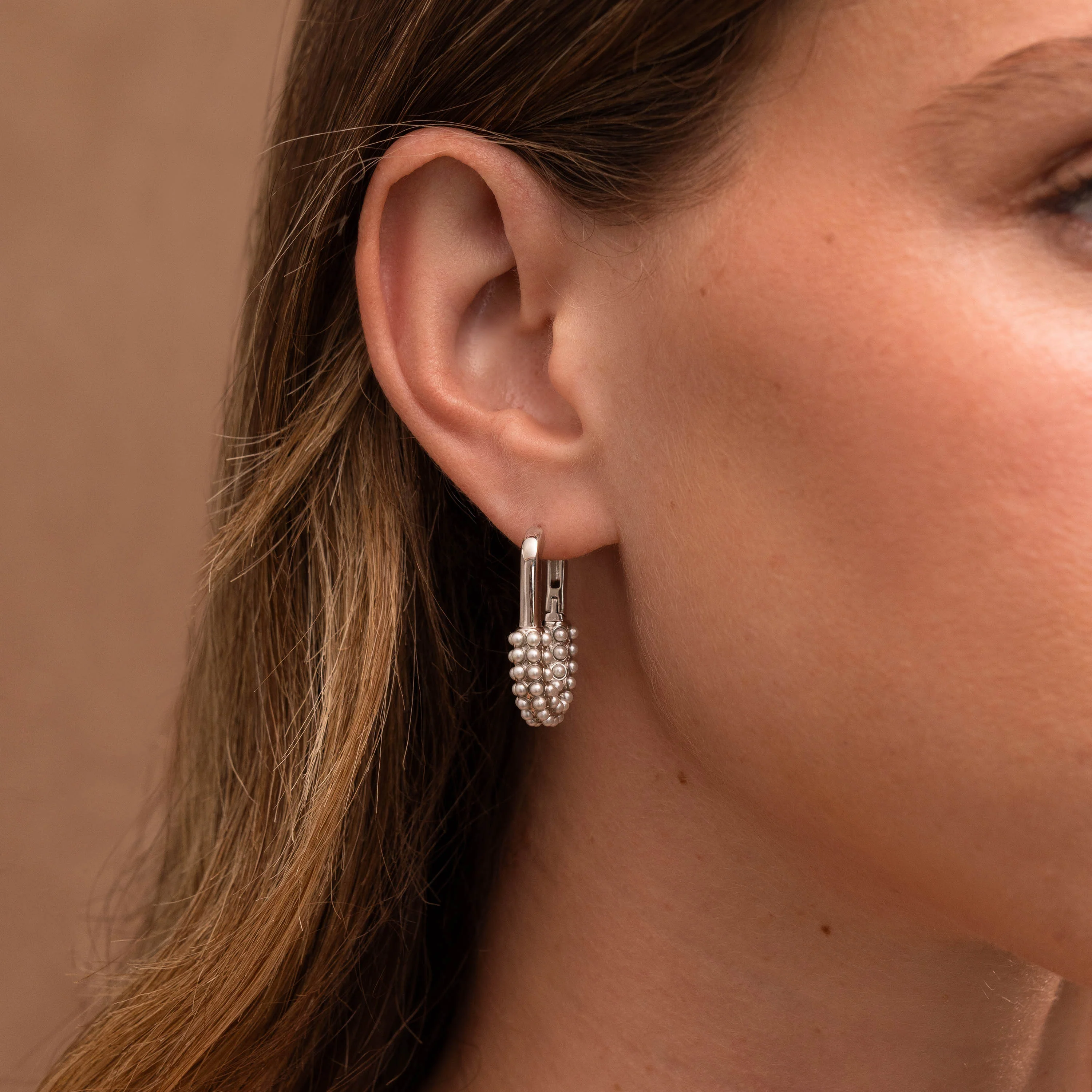 Pearl Cluster Link Hoops in Silver - Image 2