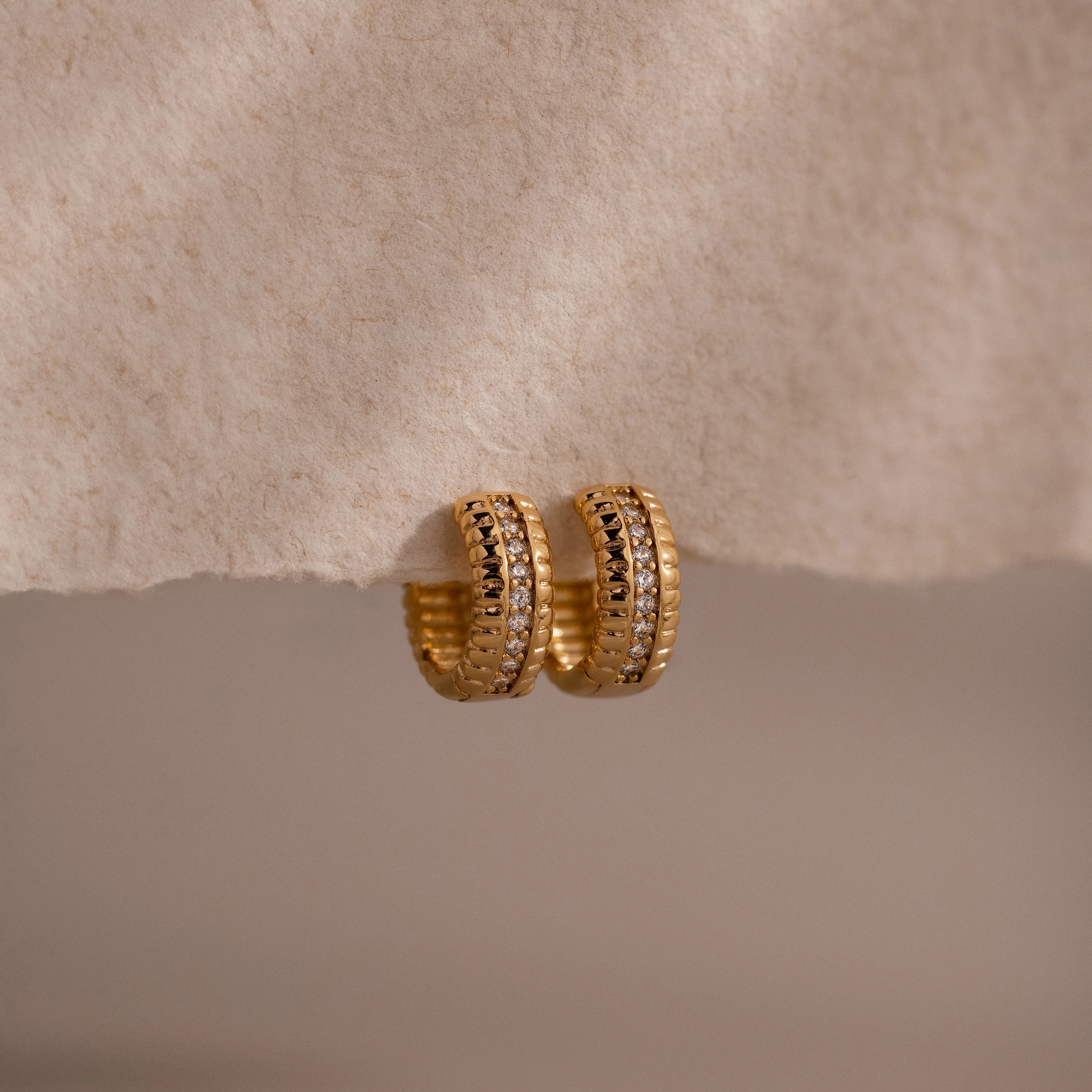 Ribbed Pave Huggies in 18K Gold