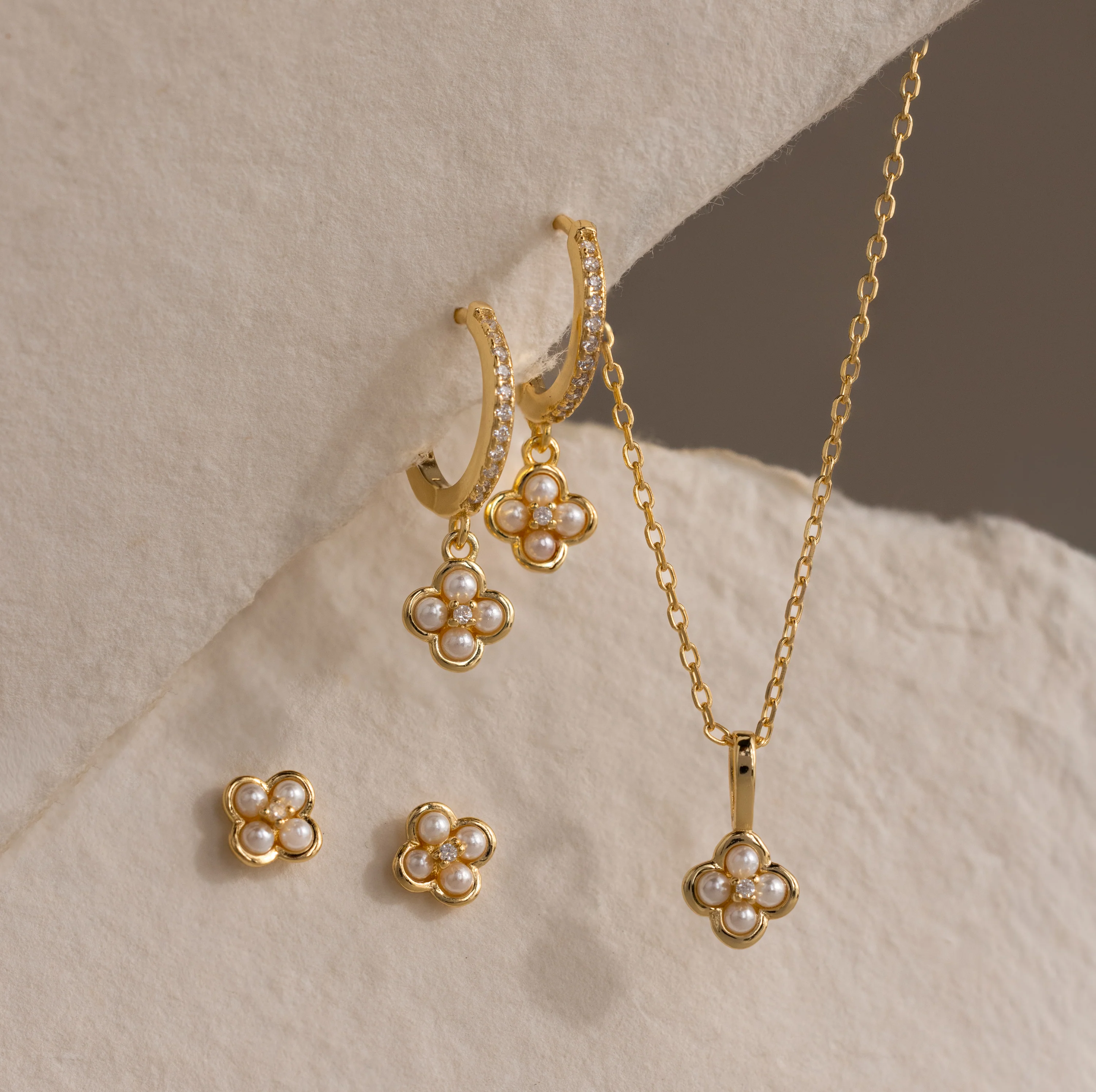 Rounded Pearl Flower Studs in 18K Gold - Image 7