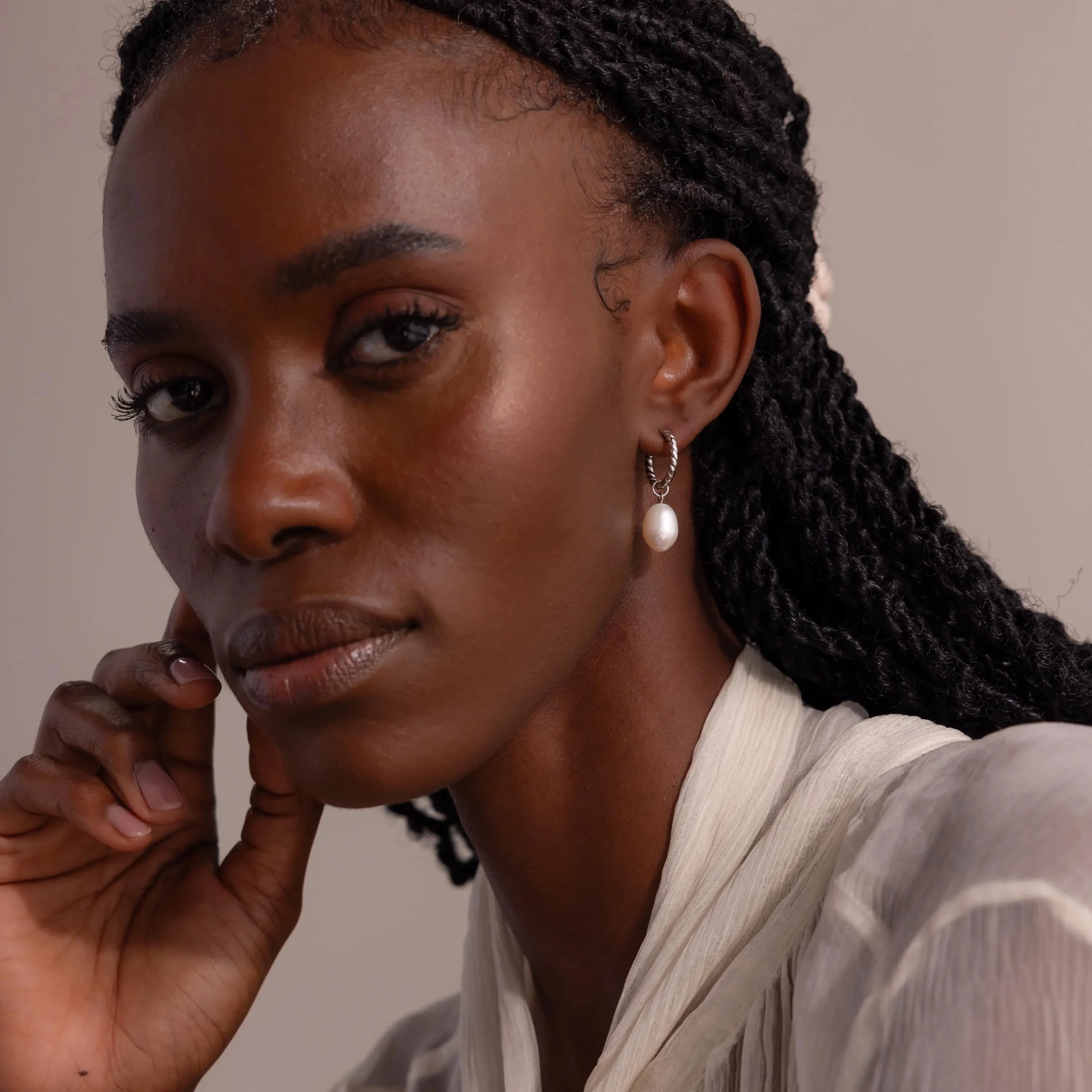 Twisted Pearl Hoops in Silver - Image 4